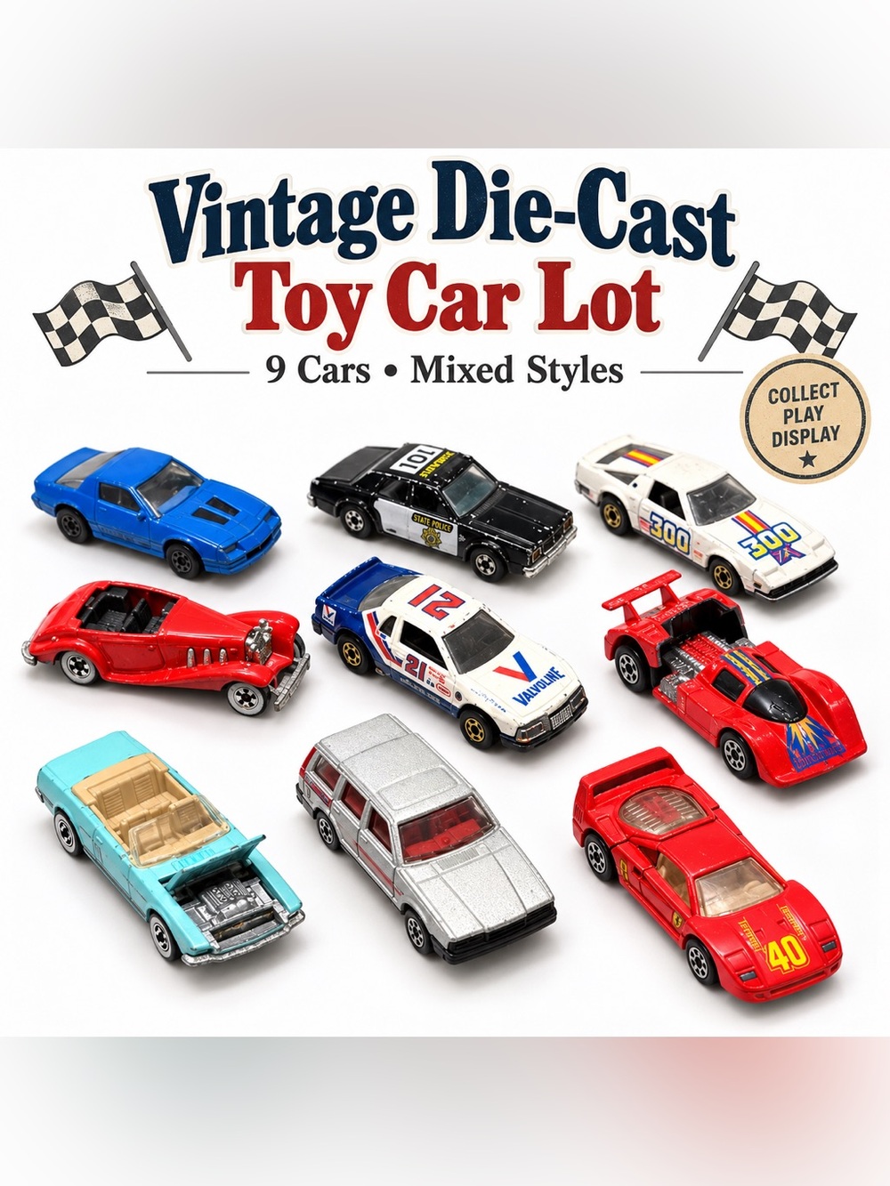 Vintage Die-Cast Toy Car Lot of 9 Mixed Race Police Sports Cars Collectible
